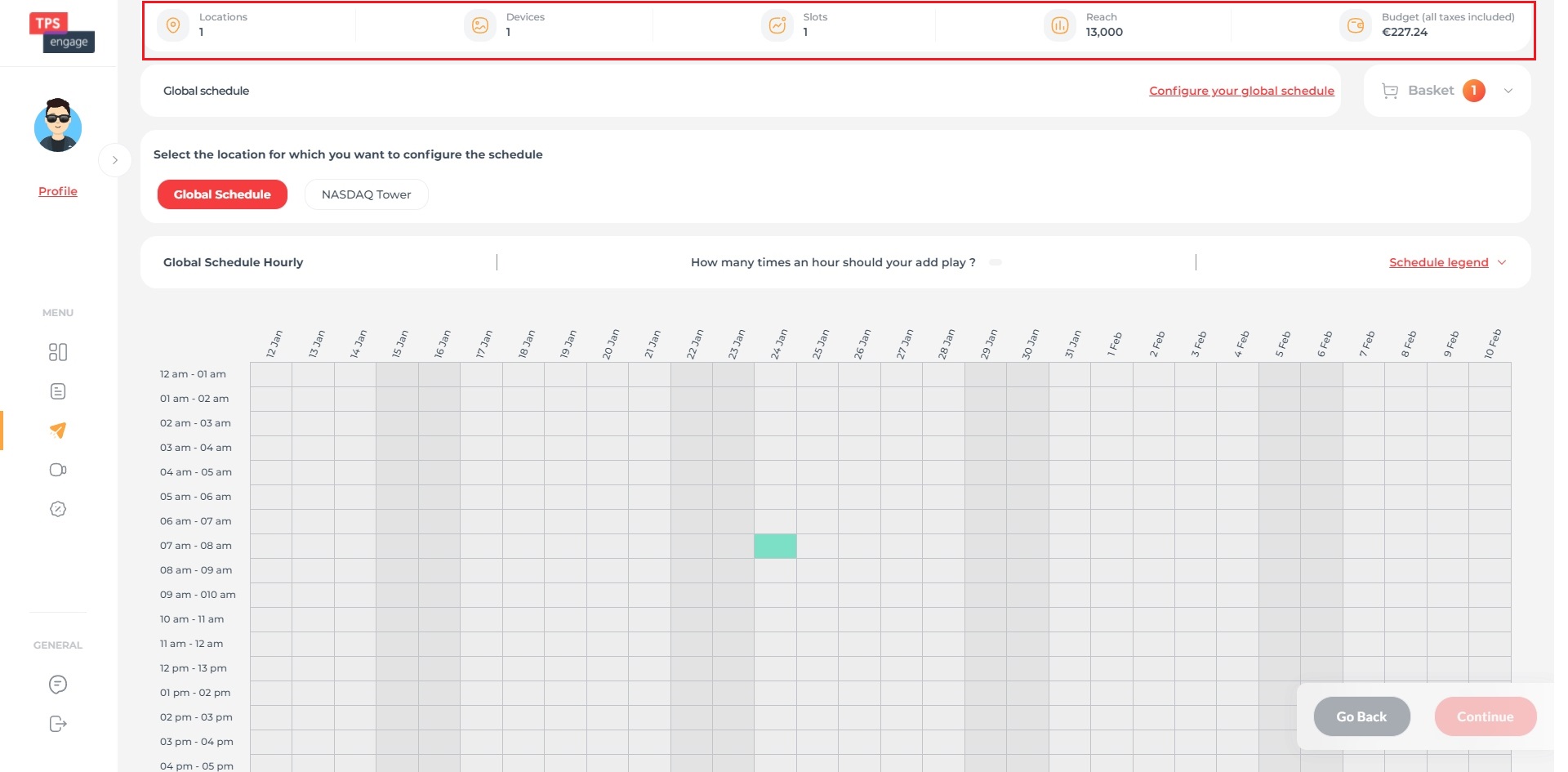 Screen schedules an data TPS Engage platform