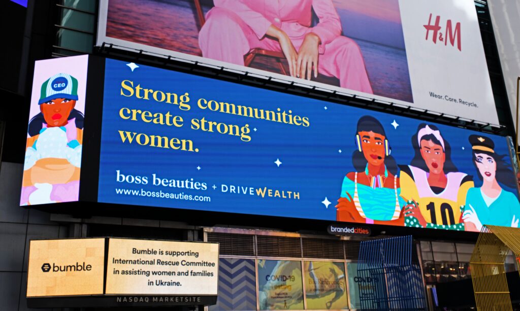 Boss Beauties ad on Broadway Plaza billboard in Times Square with TPS Engage